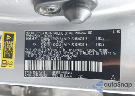 2016 Toyota Highlander Le Plus V6 z USA, uszkodzony, nr VIN 5TDBKRFH9GS356152